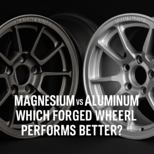 Close-up photo of forged magnesium and aluminum wheels side by side, highlighting material differences, spoke design, and surface finish, with bold title text overlay.
