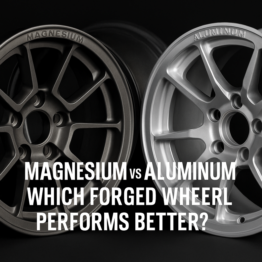 Close-up photo of forged magnesium and aluminum wheels side by side, highlighting material differences, spoke design, and surface finish, with bold title text overlay.
