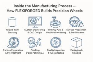 nfographic showing the full forged wheel manufacturing process at FLEXIFORGED, including steps like CAD design, CNC machining, PCD drilling, surface prep, finishing, and shipping