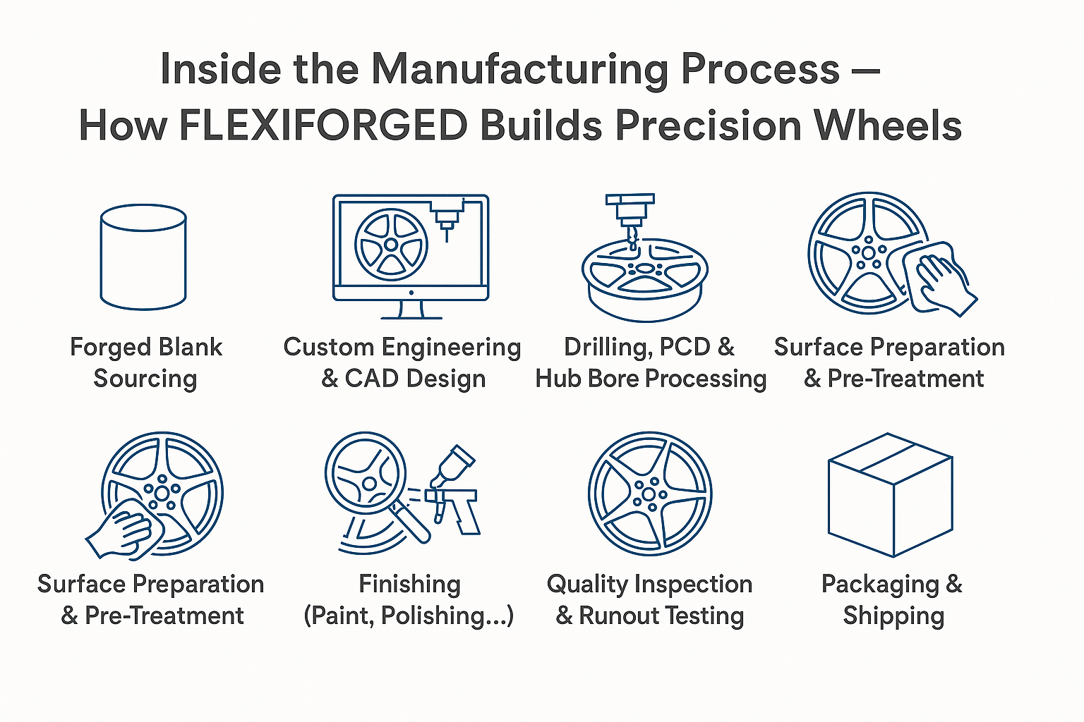 nfographic showing the full forged wheel manufacturing process at FLEXIFORGED, including steps like CAD design, CNC machining, PCD drilling, surface prep, finishing, and shipping