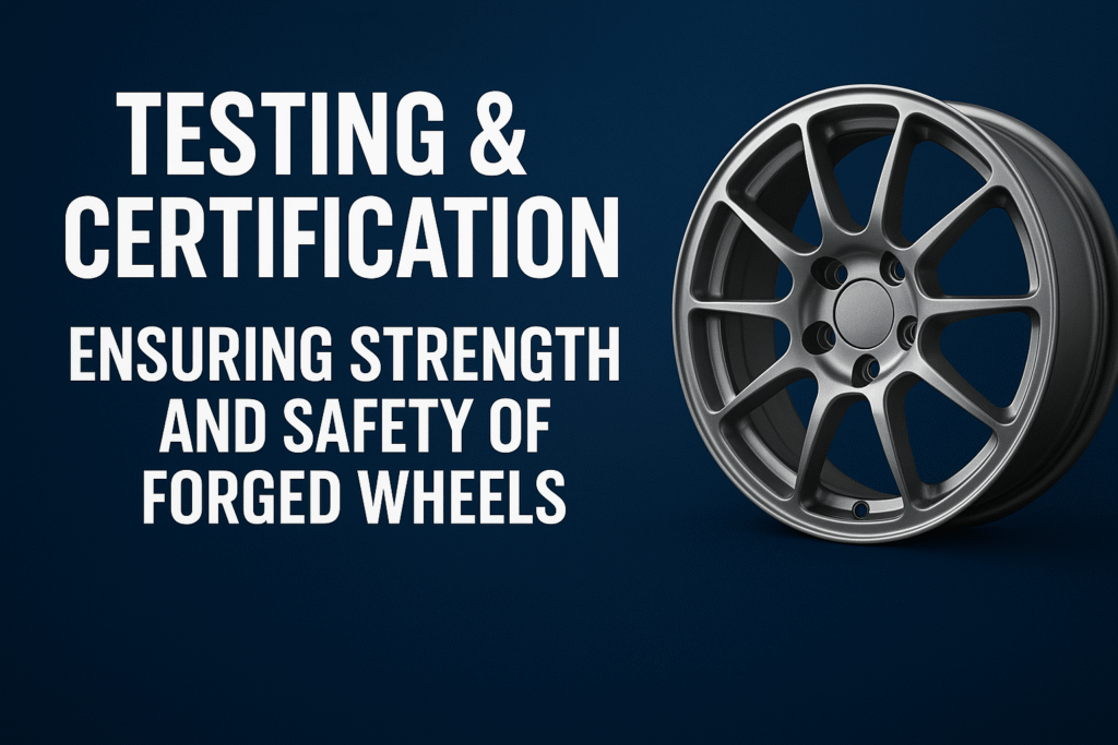 Featured image showing the title "Testing & Certification – Ensuring Strength and Safety of Forged Wheels" with a close-up of a precision-machined forged aluminum wheel on a dark blue background.