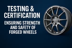 Featured image showing the title "Testing & Certification – Ensuring Strength and Safety of Forged Wheels" with a close-up of a precision-machined forged aluminum wheel on a dark blue background.