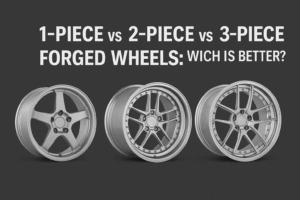 Side-by-side image showing 1-piece, 2-piece, and 3-piece forged wheels with visible structural differences, ideal for forged wheel comparison
