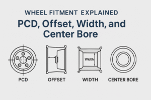 Diagram explaining key wheel fitment terms: PCD, Offset, Wheel Width, and Center Bore with labeled illustrations