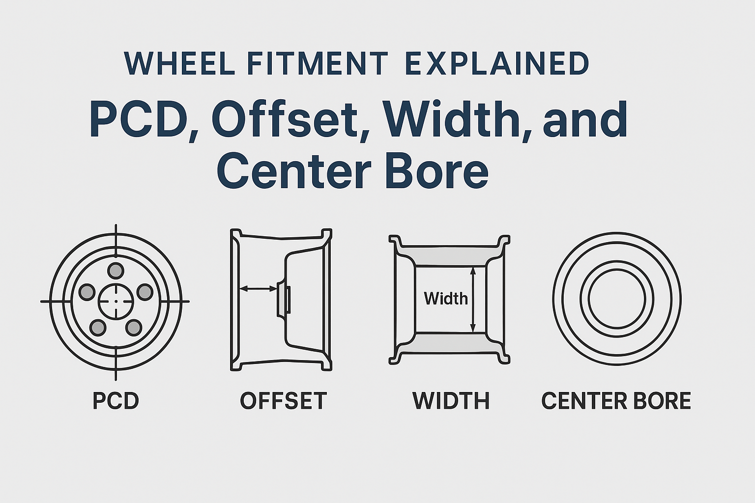Diagram explaining key wheel fitment terms: PCD, Offset, Wheel Width, and Center Bore with labeled illustrations