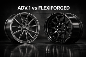 Two forged wheels side by side with text “ADV.1 vs FLEXIFORGED”, comparing brand-style forged wheel and custom spec forged wheel in a dark studio setting