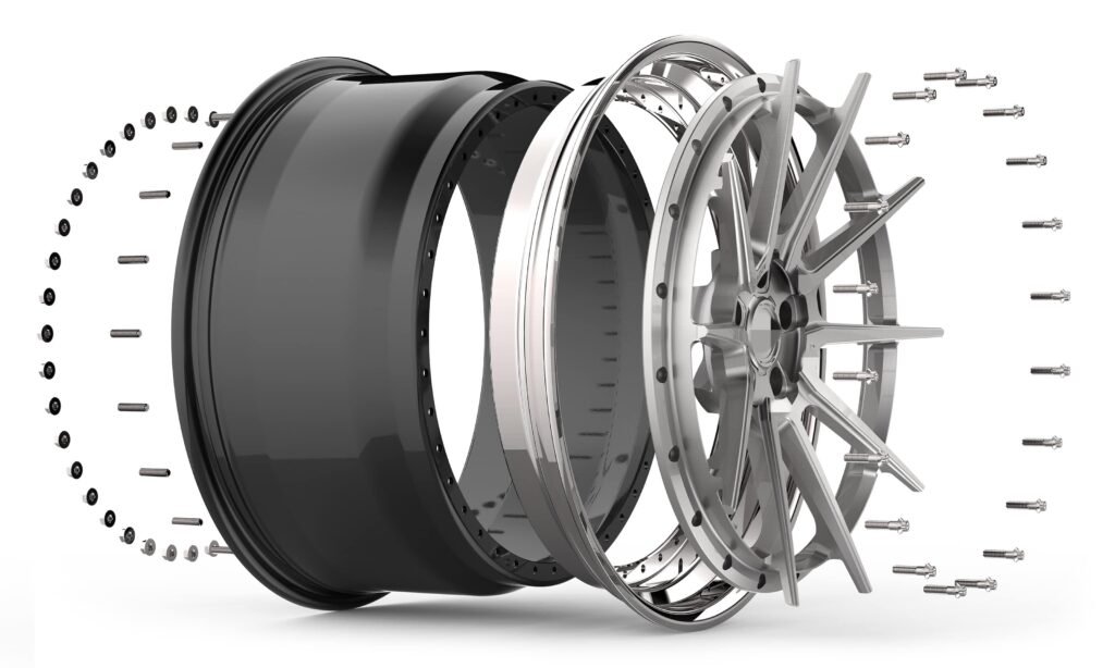 Exploded diagram of a 3-piece forged wheel showing disc, lip, and barrel components