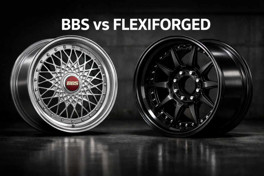 BBS mesh-style forged wheel compared with FLEXIFORGED custom deep concave forged wheel in studio lighting on dark background
