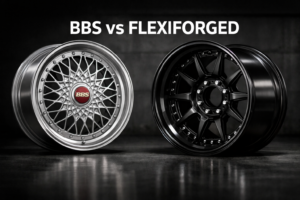 BBS mesh-style forged wheel compared with FLEXIFORGED custom deep concave forged wheel in studio lighting on dark background