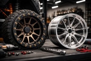 A rugged beadlock off-road wheel and a polished forged performance wheel displayed side by side in a professional workshop, with tools and vehicle components in the background.