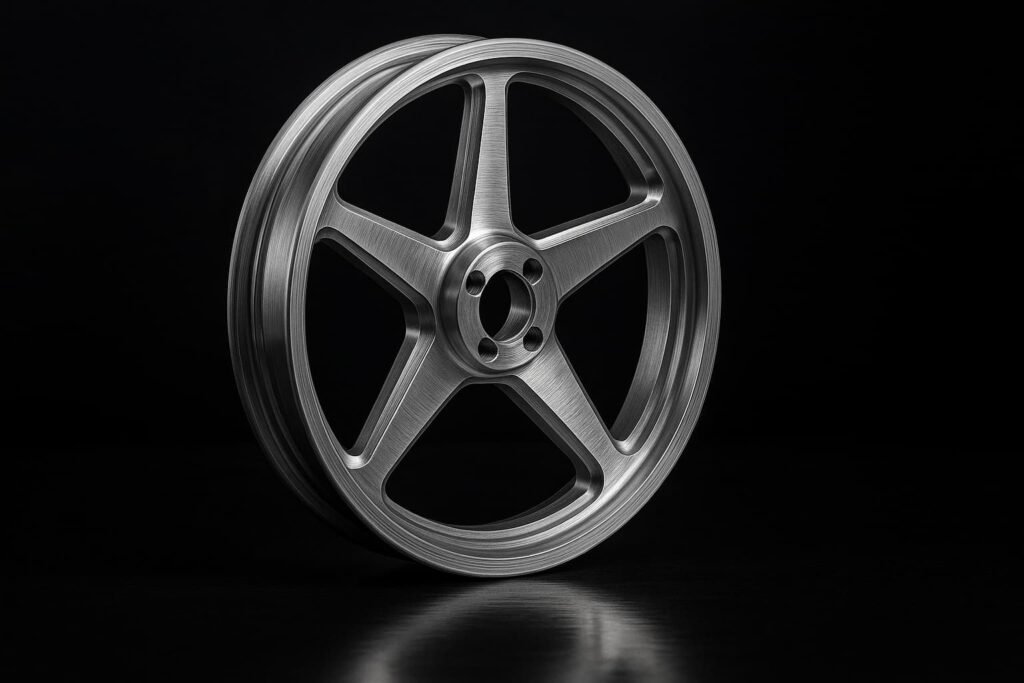 Close-up studio shot of a billet motorcycle rim showing detailed CNC machining and lightweight design.