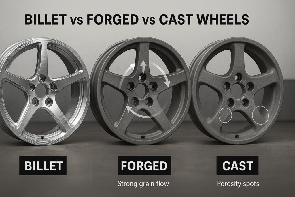 Infographic comparing billet, forged, and cast wheels with visual differences in surface finish and material structure.
