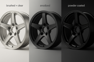 Forged wheels showing brushed, anodized, and powder coated finishes side by side