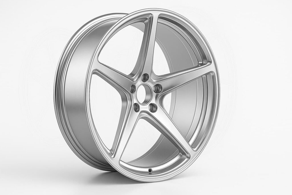 3D rendering of a custom billet car wheel with deep concave spokes and precision CNC detailing.