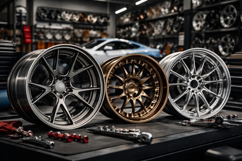 Three custom forged wheels in different finishes displayed on a workbench in a tuning workshop, with tools and a sports car in the background for a high-performance branding setup.