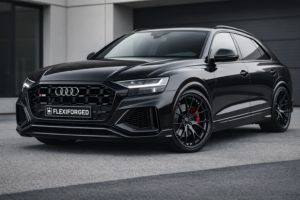 2023 Audi SQ8 fitted with custom forged multi-spoke wheels by FLEXIFORGED, featuring a performance SUV stance, black finish wheels
