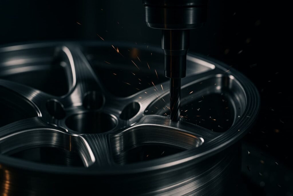 Close-up of a CNC machine carving a billet aluminum wheel, showing precision machining for billet rims.