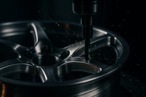 Close-up of a CNC machine carving a billet aluminum wheel, showing precision machining for billet rims.