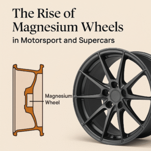Cross-section and close-up of forged magnesium wheel, showing design benefits for racing and high-performance vehicles