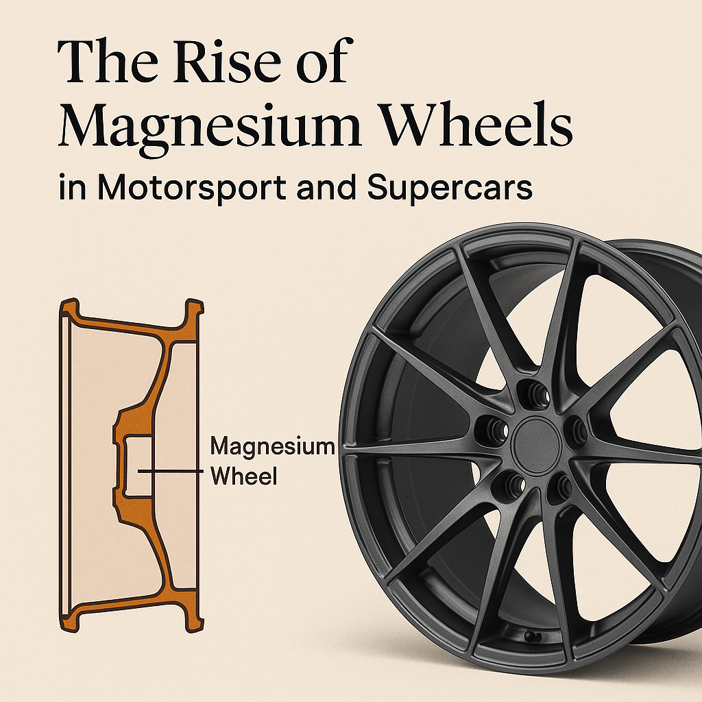 Cross-section and close-up of forged magnesium wheel, showing design benefits for racing and high-performance vehicles