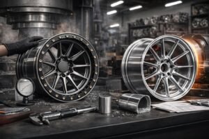 A side-by-side visual of a matte black forged wheel and a polished flow formed wheel on a workbench, surrounded by machining tools, raw aluminum billets, and performance test documents in a wheel manufacturing environment.