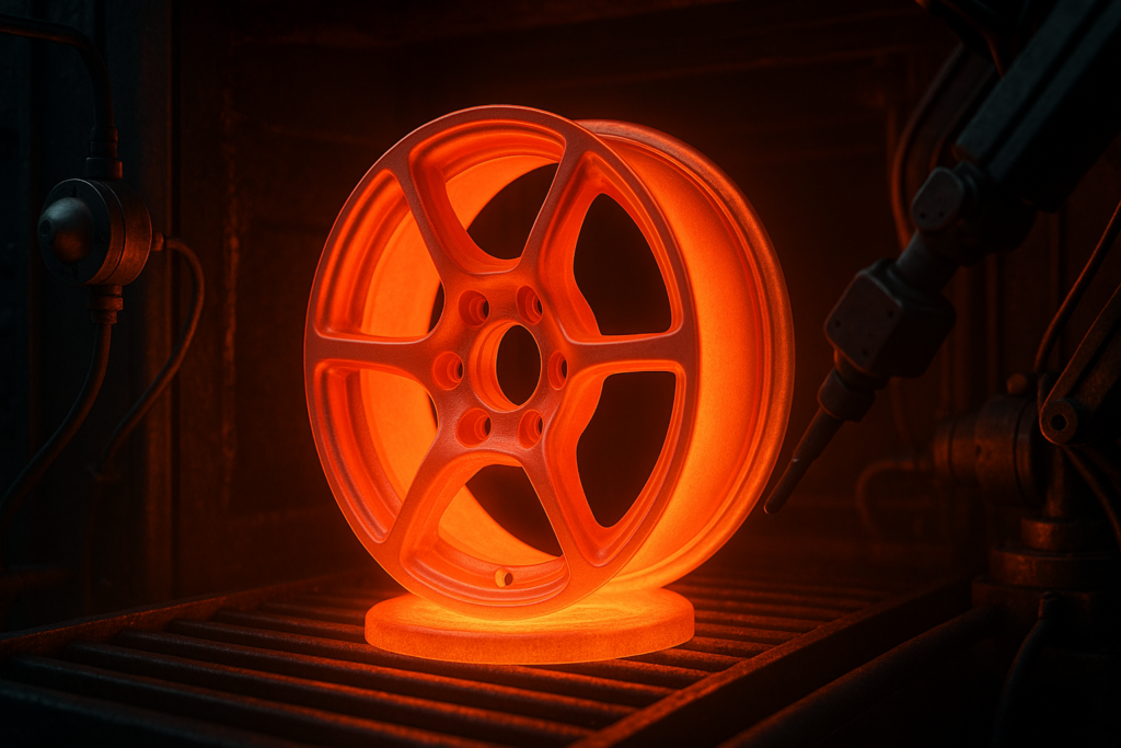 Forged aluminum wheel undergoing heat treatment inside industrial furnace