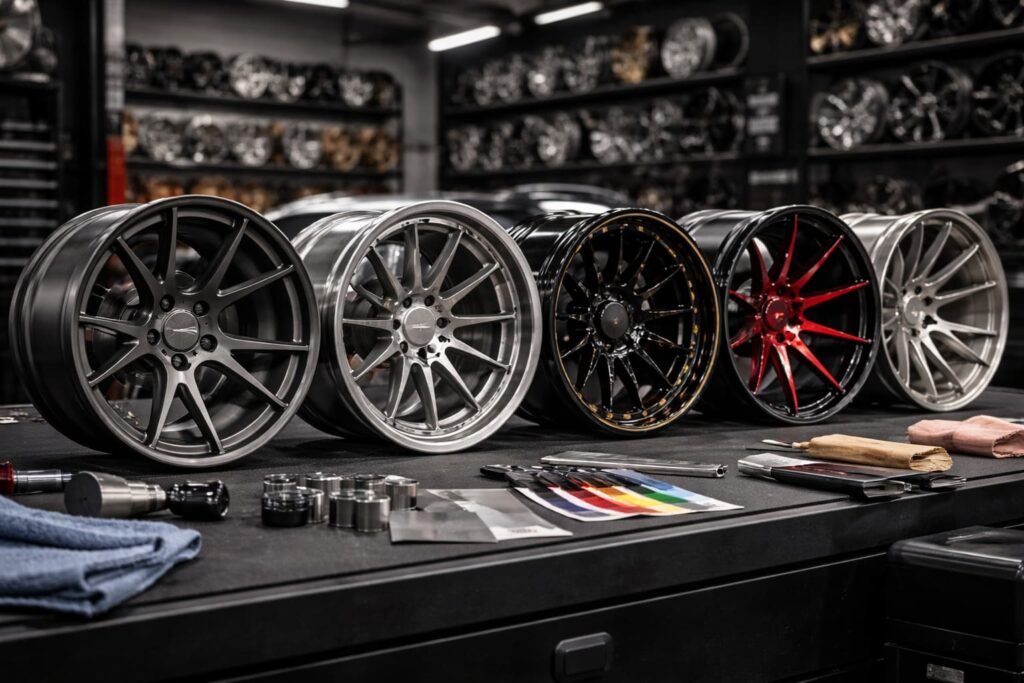 Five premium forged wheels with diverse finishes — including satin matte, brushed, gloss black with accents, and custom painted — arranged on a workbench with tools and color swatches in a luxury wheel design studio.