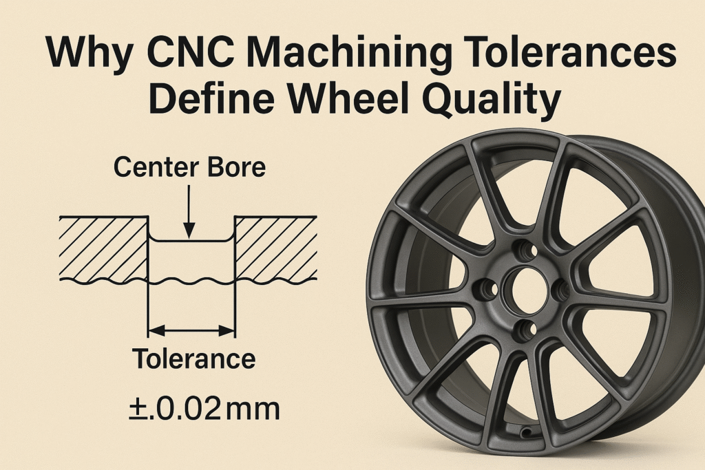 Diagram of wheel center bore tolerance and a close-up of CNC machined forged wheel showing ±0.02mm accuracy