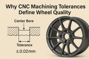 Diagram of wheel center bore tolerance and a close-up of CNC machined forged wheel showing ±0.02mm accuracy