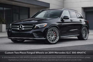 2019 Mercedes-Benz GLC 300 4MATIC fitted with custom two-piece forged multi-spoke wheels by FLEXIFORGED, finished in silver and black, shown in a premium SUV build for the US market