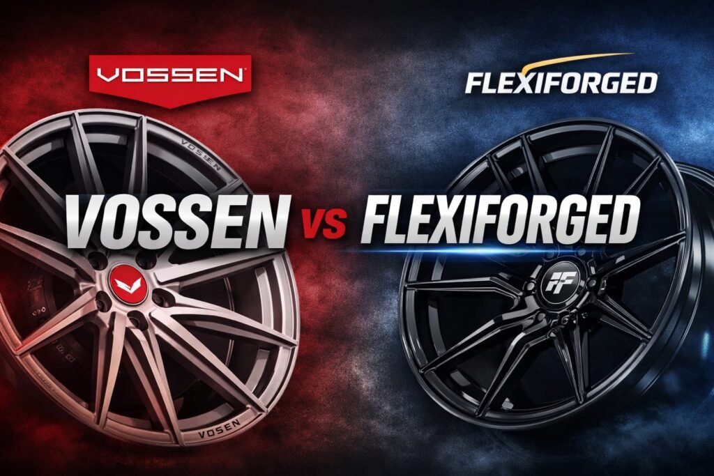 Comparison image of VOSSEN forged wheels and FLEXIFORGED custom forged wheels, highlighting differences in design, customization, and manufacturing approach