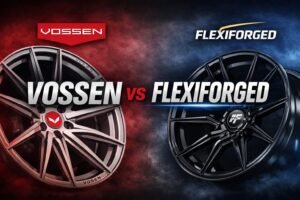 Comparison image of VOSSEN forged wheels and FLEXIFORGED custom forged wheels, highlighting differences in design, customization, and manufacturing approach