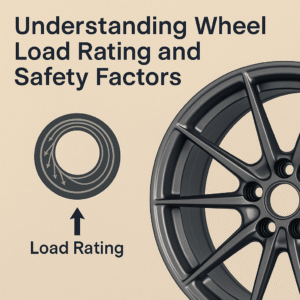 Forged alloy wheel and load rating diagram on a beige background – explaining wheel safety factors for automotive buyers