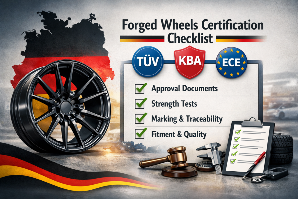 Black forged wheel beside a Germany map and a compliance checklist showing approval documents, strength tests, marking traceability, and fitment quality.