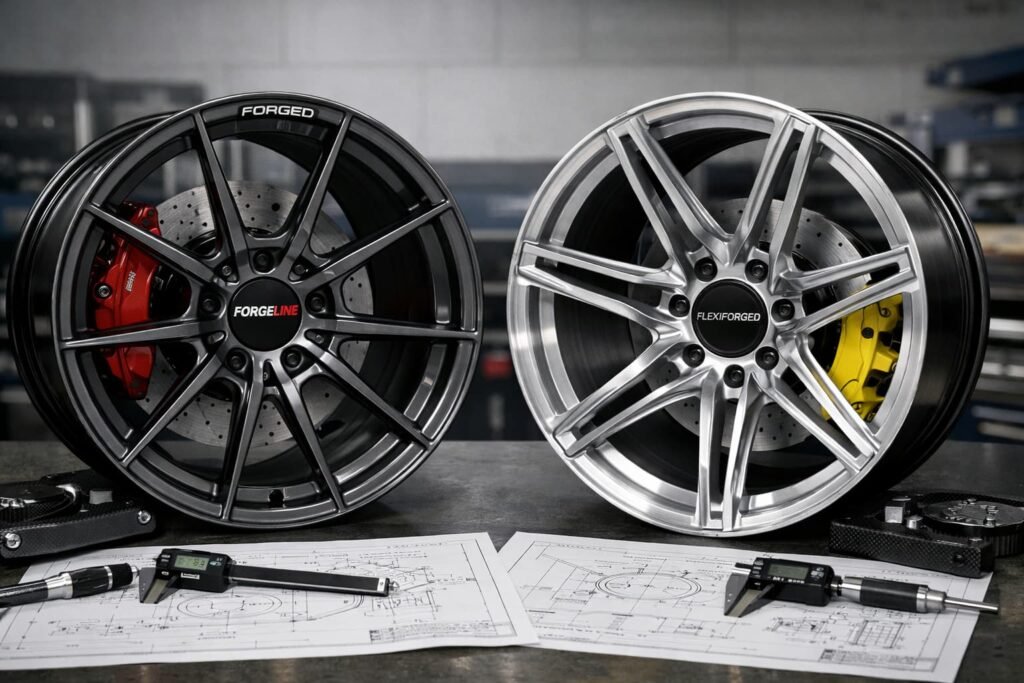 Forged wheel comparison between Forgeline and FLEXIFORGED showing branding vs custom fitment approach