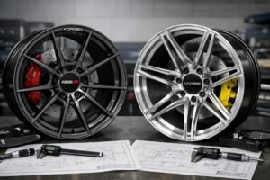 Forged wheel comparison between Forgeline and FLEXIFORGED showing branding vs custom fitment approach
