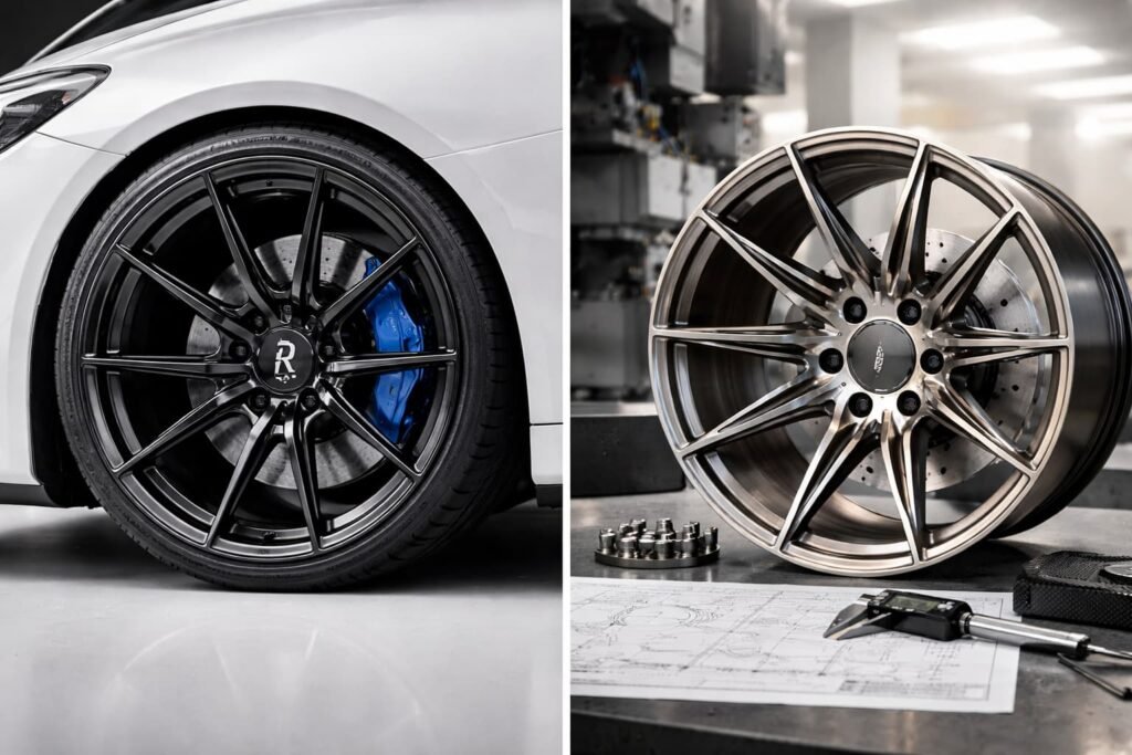 Rohana vs FLEXIFORGED forged wheels comparison showing branded concave design and custom fitment manufacturing process