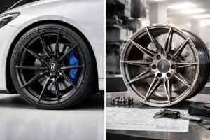 Rohana vs FLEXIFORGED forged wheels comparison showing branded concave design and custom fitment manufacturing process