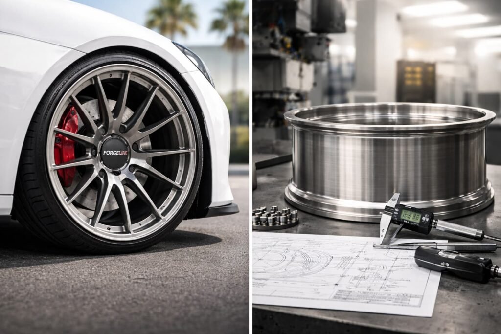 Rotiform vs FLEXIFORGED comparison showing branded wheel design and custom forged manufacturing with drawings and measurements