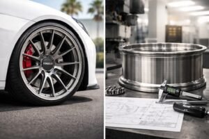 Rotiform vs FLEXIFORGED comparison showing branded wheel design and custom forged manufacturing with drawings and measurements