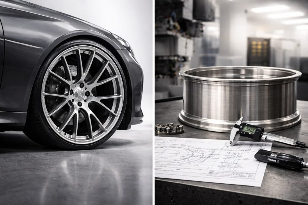 VOSSEN alternative comparison image showing a brand-style forged wheel and a custom forged wheel engineering workflow with drawings and measurements