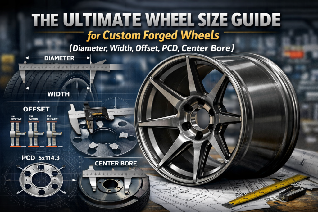 Custom forged wheel size guide showing wheel diameter, width, offset, PCD bolt pattern, and center bore measurements for precise wheel fitment and manufacturing