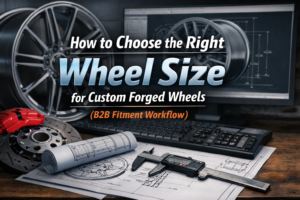 Custom forged wheel sizing concept with brake components, CAD wheel design on screen, and measurement tools for B2B fitment workflow.