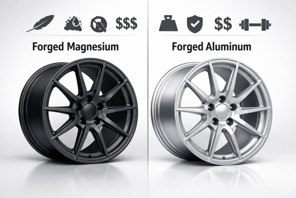 Comparación de ruedas forjadas de magnesio y aluminio para compradores B2B (peso, corrosión, costo, resistencia)