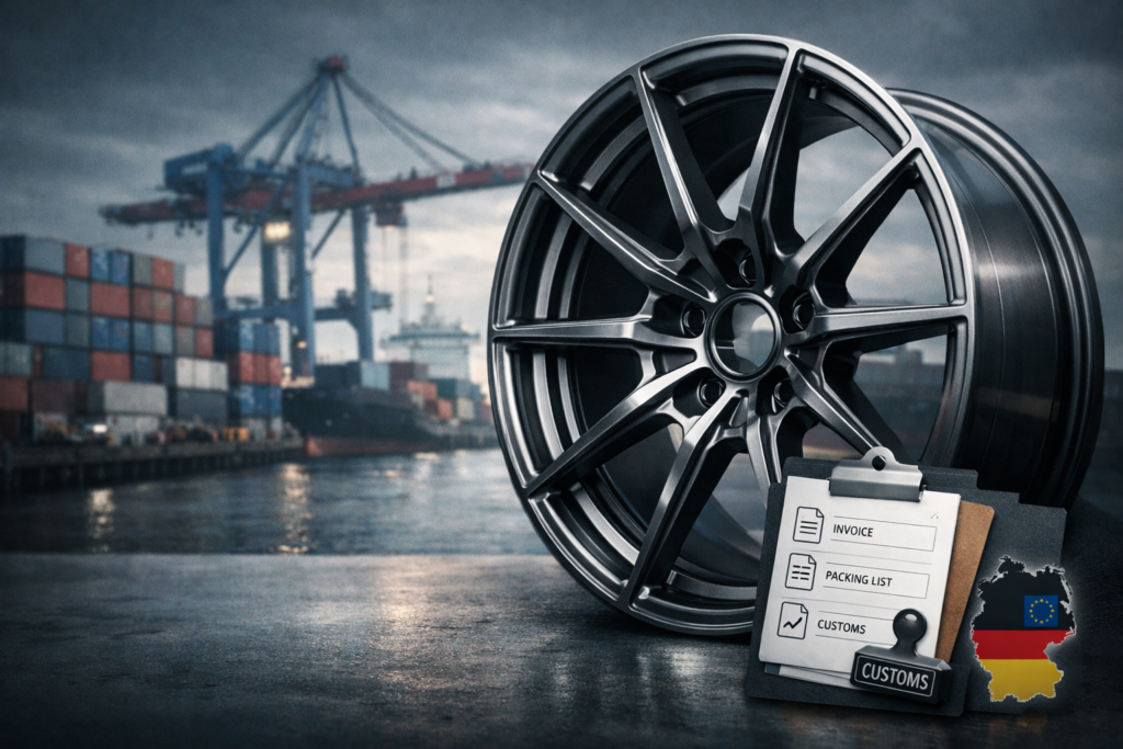 Featured image showing a forged wheel with shipping containers and customs documents, representing importing forged wheels into Germany.