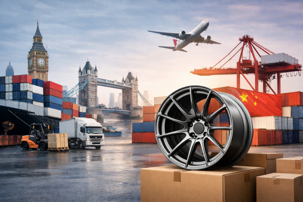 Forged wheel with UK skyline and China shipping containers showing import and logistics risks for UK buyers sourcing forged wheels from China