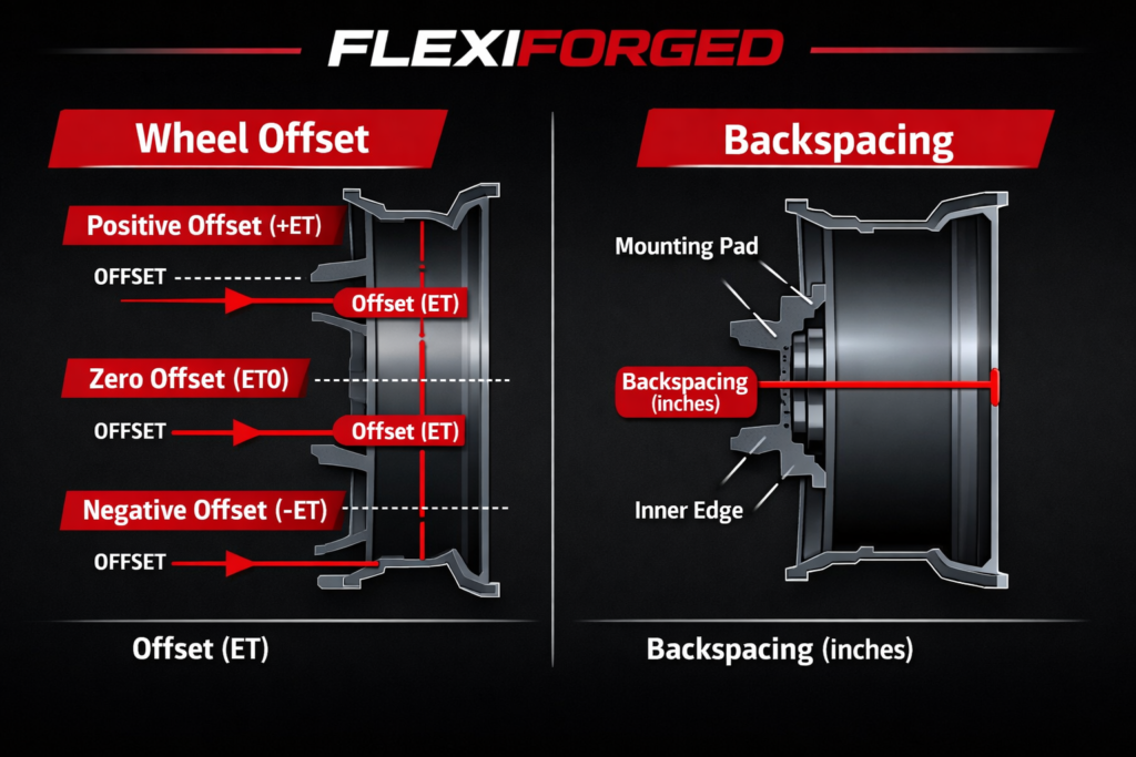 Diagram comparing wheel offset (positive, zero, negative ET) and backspacing, showing mounting pad, inner edge, and measurement directions for custom forged wheel fitment.