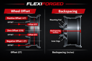Diagram comparing wheel offset (positive, zero, negative ET) and backspacing, showing mounting pad, inner edge, and measurement directions for custom forged wheel fitment.