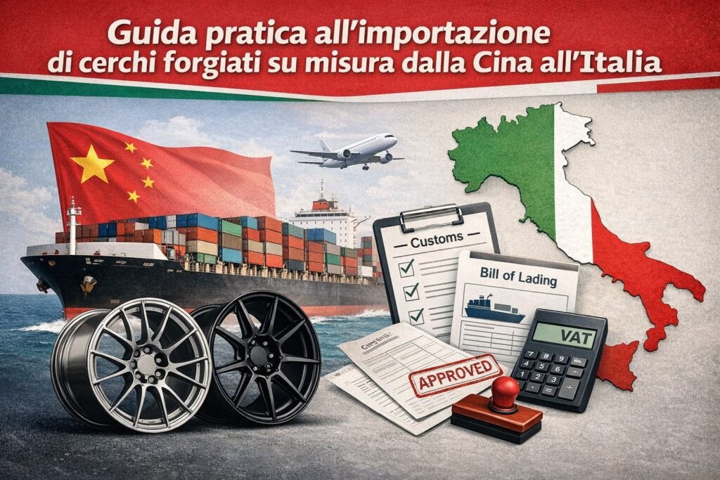 Nave cargo dalla Cina con cerchi forgiati, documenti doganali e polizza di carico, calcolatrice IVA e mappa dell’Italia che rappresentano il processo di importazione.