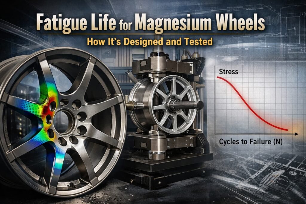 Featured image showing a forged magnesium wheel with FEA stress hotspots, a wheel fatigue testing machine, and an S-N curve for fatigue life analysis.